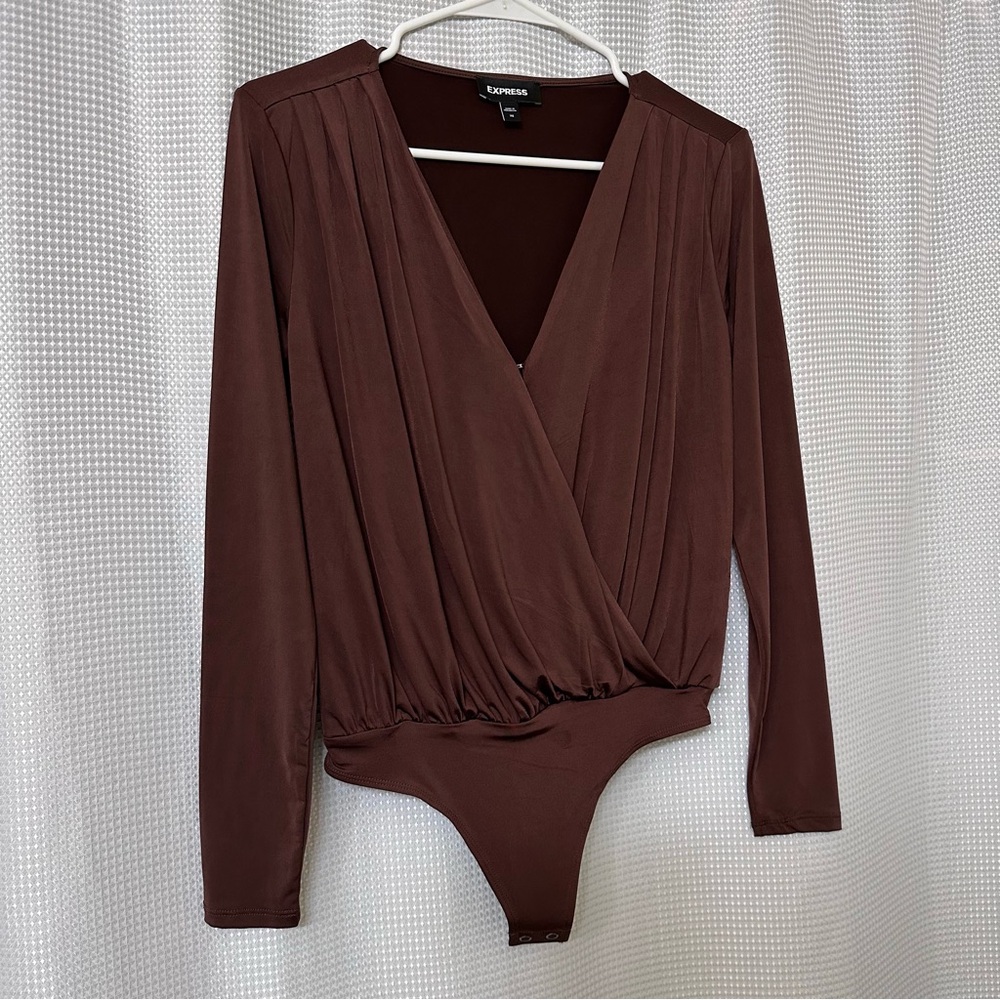 Express • Long-Sleeve Wrap Front Bodysuit • Chocolate Brown • Size XS - Picture 3 of 8